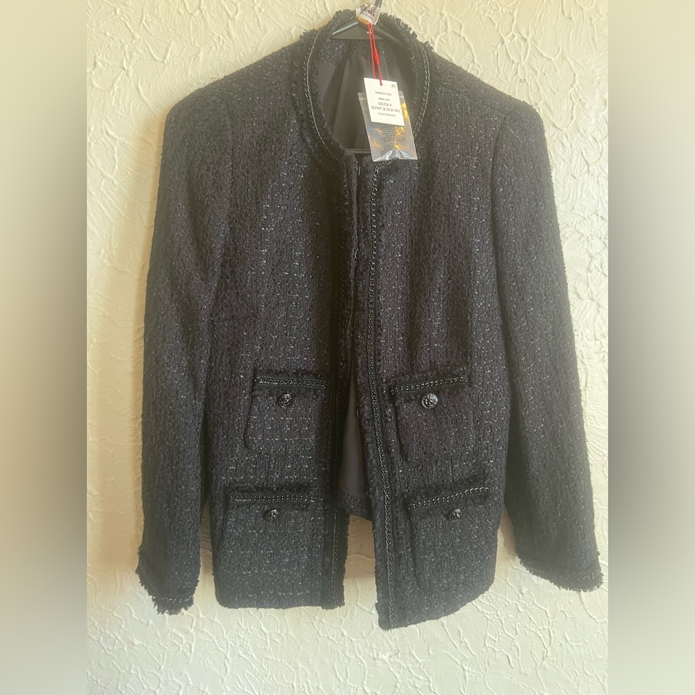 Anne Klein Black tweed Textured Jacket with pocket detailing and chain trim Sz 4